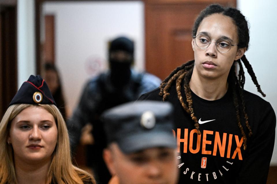 US WNBA basketball superstar Brittney Griner arrives to a hearing at the Khimki Court, outside Moscow on July 27, 2022. - Griner, a two-time Olympic gold medallist and WNBA champion, was detained at Moscow airport in February on charges of carrying in her luggage vape cartridges with cannabis oil, which could carry a 10-year prison sentence. (Photo by Kirill KUDRYAVTSEV / AFP) (Photo by KIRILL KUDRYAVTSEV/AFP via Getty Images)