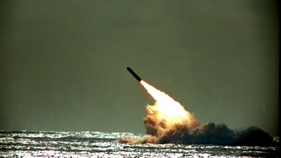 A Trident II missile is launched by the US navy during a test in 1989. - Phil Sandlin/AP/File