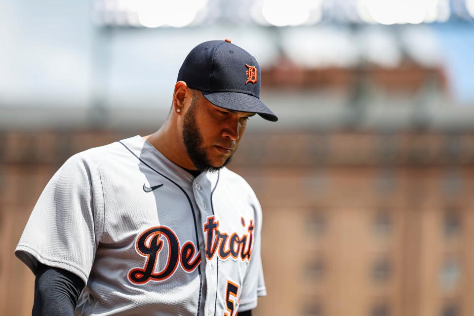 Detroit Tigers starting pitcher Eduardo Rodriguez takes the field before the game against the Baltimore Orioles at Oriole Park at Camden Yards on April 23, 2023