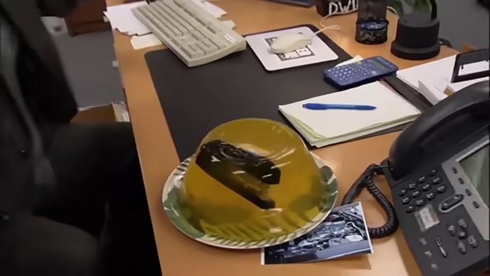 In the pilot episode of “The Office,” Jim Halpert (John Krasinski) puts Dwight Schrute’s (Wilson) stapler in Jell-O.