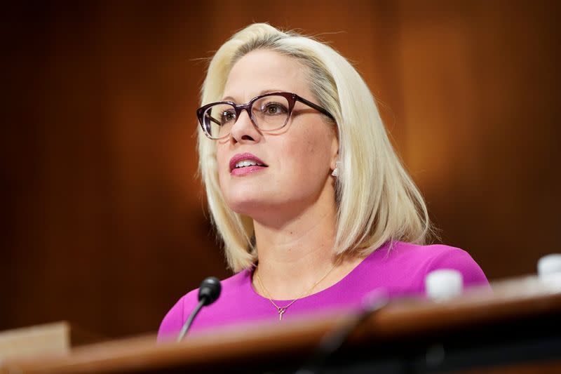 Senator Kyrsten Sinema (D-AZ) speaks in support of a judicial nominees during a hearing before the Senate Judiciary Committee on Capitol Hill in Washington