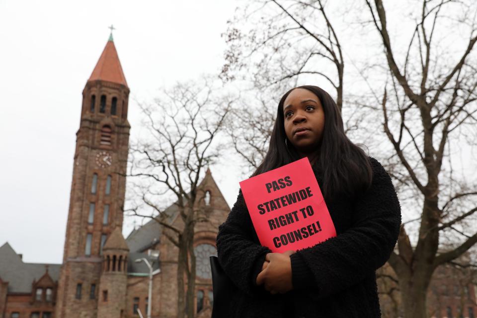 Angel Gray, program and policy manager at Westchester Children's Association, attends a right-to-counsel rally outside Yonkers City Court March 24, 2023. Advocates are pushing for right-to-counsel legislation in Westchester County, which would give tenants in eviction proceedings access to legal representation in their cases.