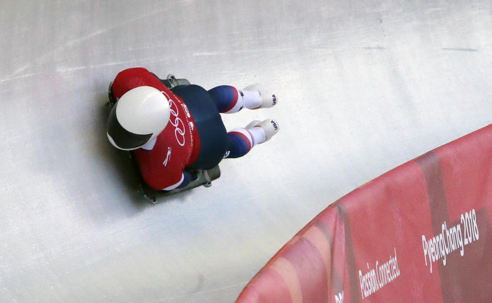 Matt Antoine of United States slides down the track during a training run for the men's skeleton at the 2018 Winter Olympics in PyeongChang, South Korea, Tuesday, Feb. 13, 2018. (AP Photo/Andy Wong)