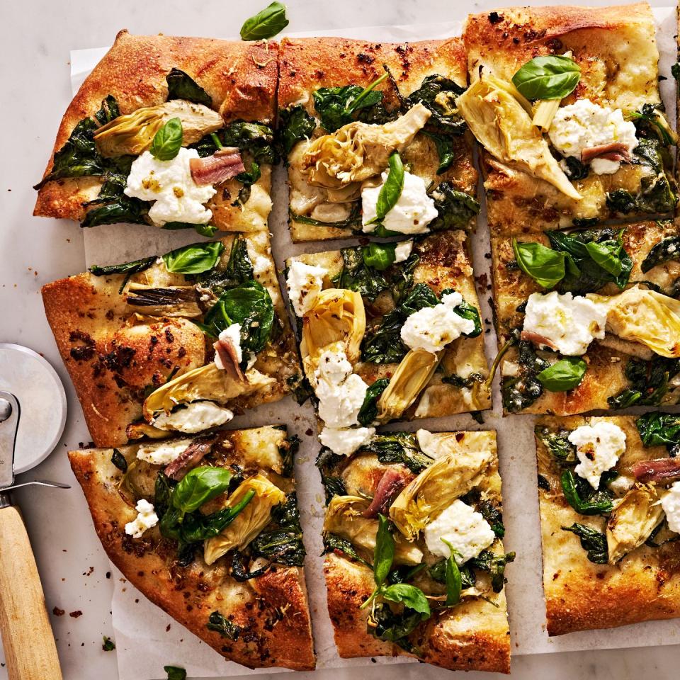 spinach artichoke flatbread with artichokes, spinach, and ricotta