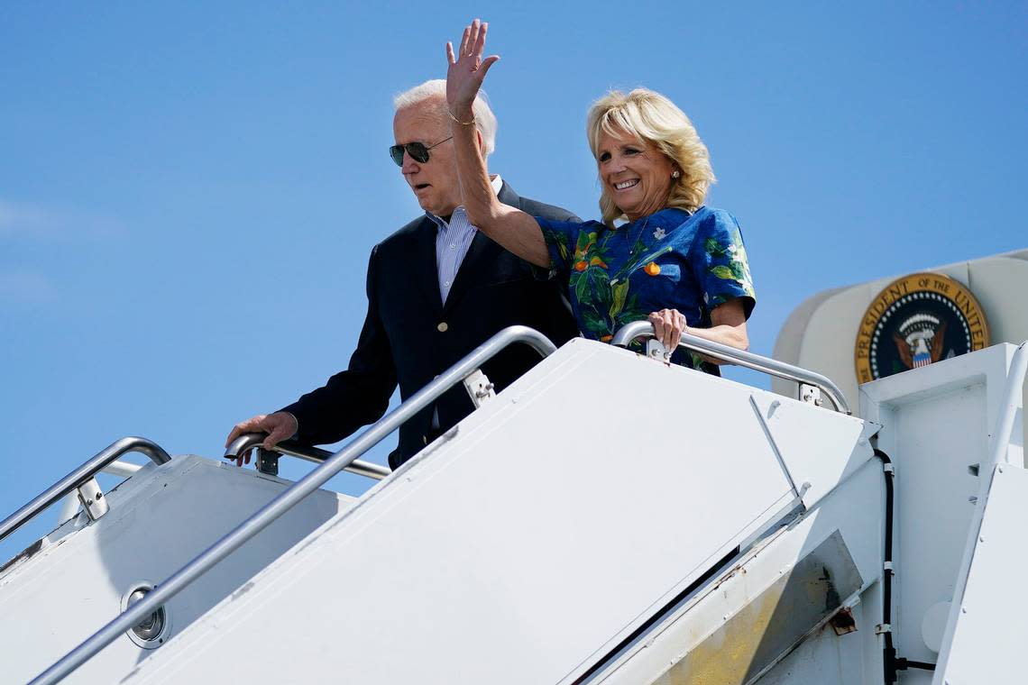 President Joe Biden and first lady Jill Biden arrive in Ponce, Puerto Rico, Monday, Oct. 3, 2022.