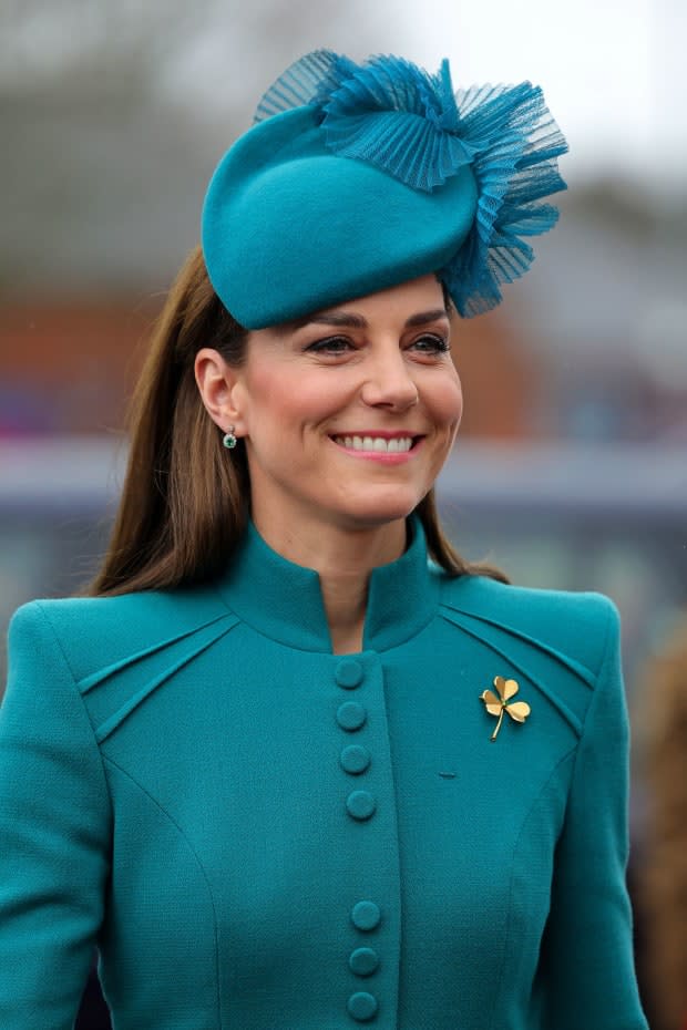 Britain's Catherine, Princess of Wales arrives to attend the 1st Battalion Irish Guards' St Patrick's Day Parade, at Mons Barracks in Aldershot, southwest of London, on March 17, 2023.<p><a href="https://www.gettyimages.com/detail/1248437485" rel="nofollow noopener" target="_blank" data-ylk="slk:CHRIS JACKSON/Getty Images;elm:context_link;itc:0;sec:content-canvas" class="link ">CHRIS JACKSON/Getty Images</a></p>
