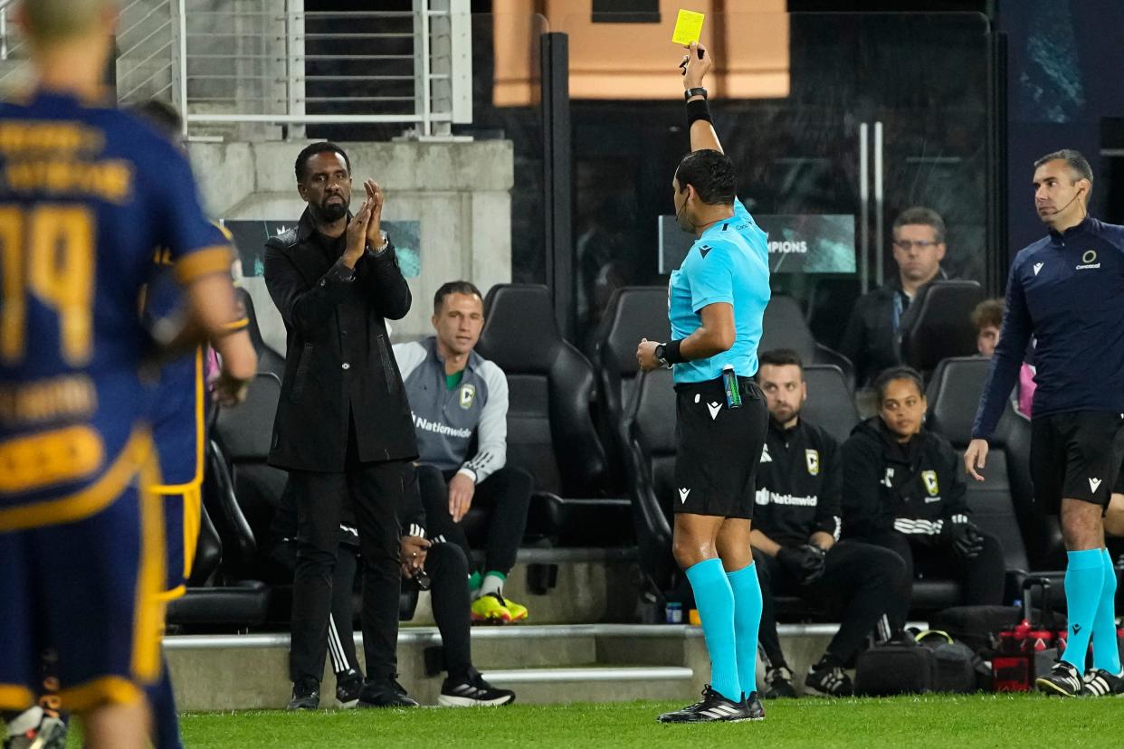 Apr 2, 2024; Columbus, OH, USA; Columbus Crew head coach Wilfried Nancy is given a yellow card during the second half of the Concacaf Champions Cup quarterfinal against Tigres UANL at Lower.com Field. The game ended in a 1-1 tie. Mandatory Credit: Adam Cairns-USA TODAY Sports