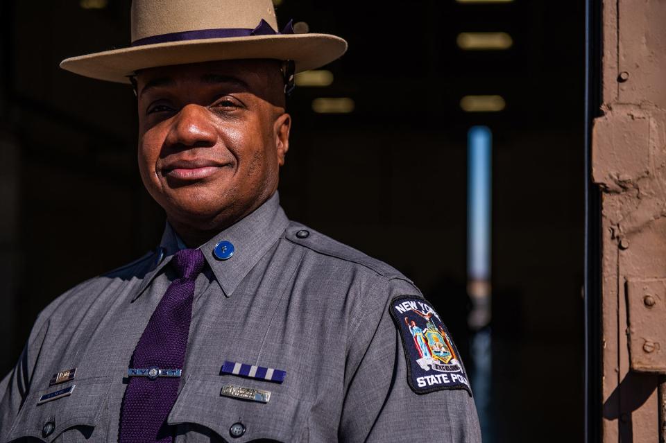 NYSP Trooper Steven Nevel discusses how the state police aim to diversify their ranks during a press conference on recruiting new troopers at the New York State Police Aviation hangar at New York Stewart International Airport in New Windsor, Feb. 10, 2022.