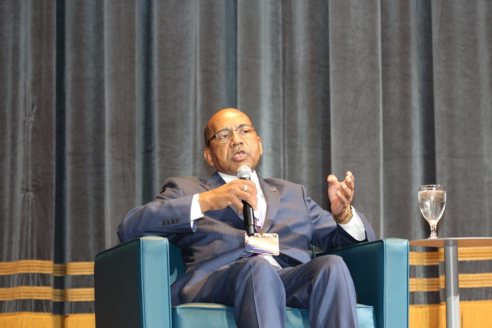 Vann Newkirk, president of Fisk University, speaking at a panel Wednesday with other local college and university leaders.