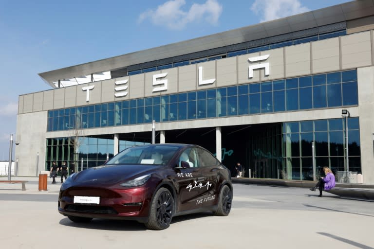 A Tesla car stands in front of the company's electric car plant in Gruenheide near Berlin, Germany, on March 13, 2024 (Odd ANDERSEN)