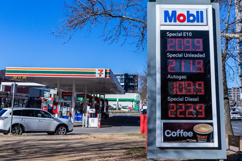 Fuell prices on display at a Mobil service station.