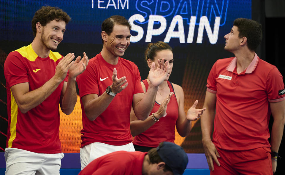 Rafa Nadal looks on during Spain's clash with Great Britain at the United Cup. (Photo by Brett Hemmings/Getty Images)