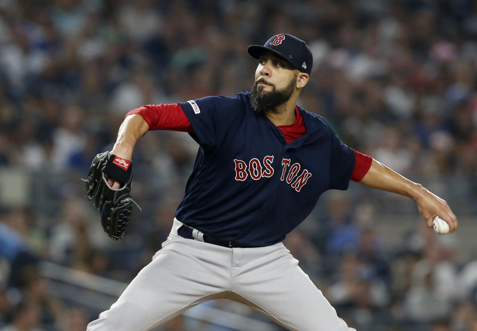 NEW YORK, NEW YORK - AUGUST 04:   David Price #10 of the Boston Red Sox pitches during the first inning against the New York Yankees at Yankee Stadium on August 04, 2019 in New York City. (Photo by Jim McIsaac/Getty Images)