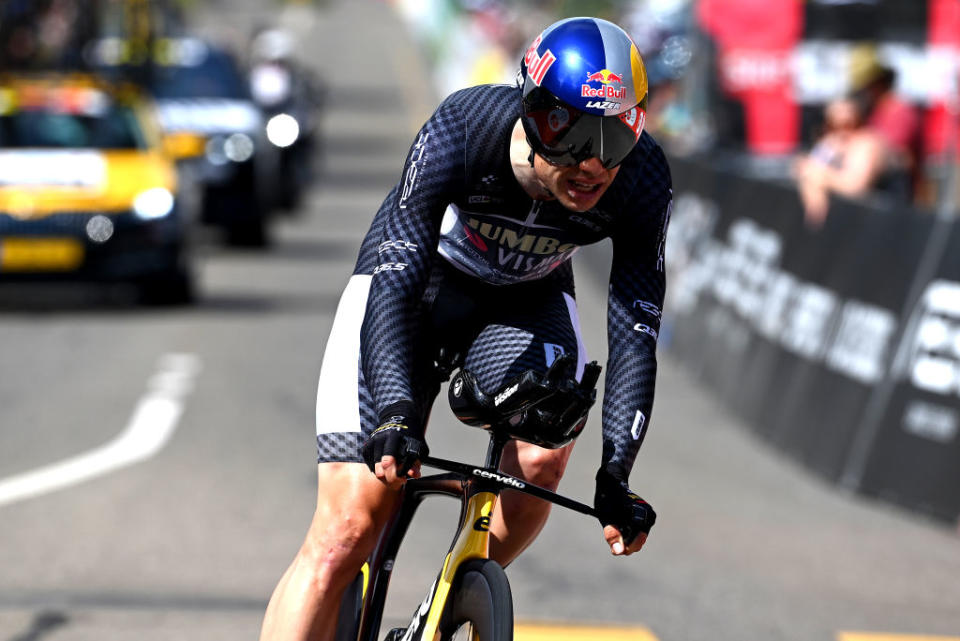 ABTWILL SWITZERLAND  JUNE 18 Wout Van Aert of Belgium and Team JumboVisma  Black Points Jersey crosses the finish line during the 86th Tour de Suisse 2023 Stage 8 a 257km individual time trial from St Gallen to Abtwil  UCIWT  on June 18 2023 in Abtwil Switzerland Photo by Tim de WaeleGetty Images