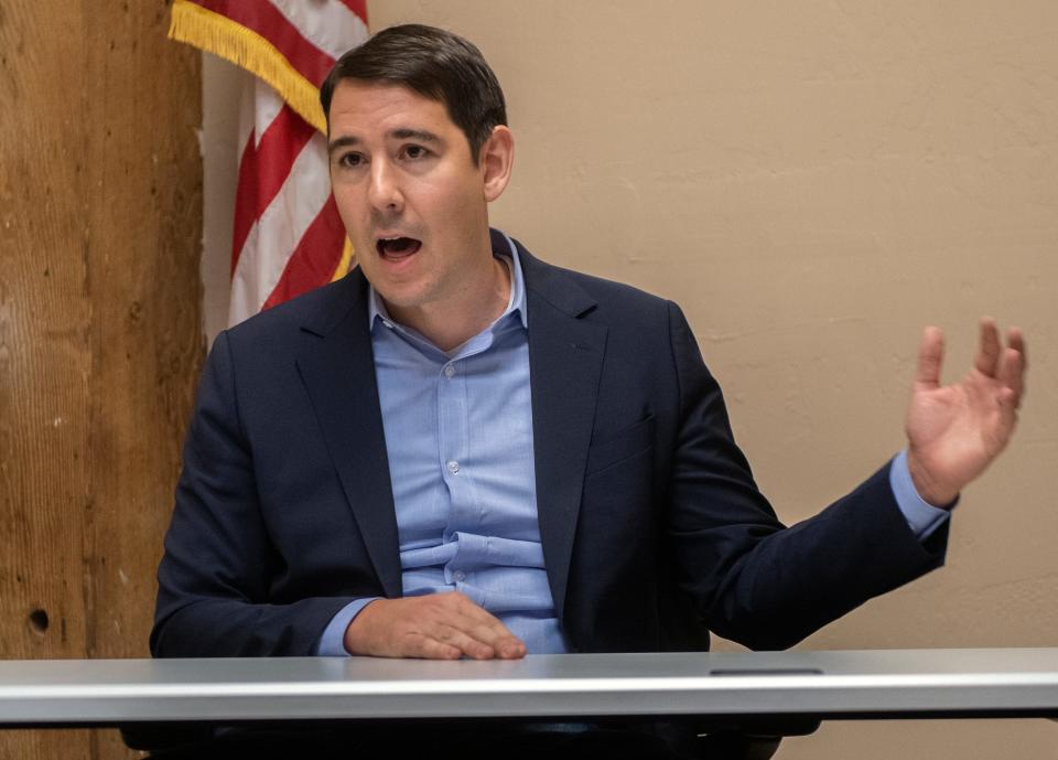 (10/13/22)U.S. Representative Josh Harder participates in a debate with San Joaquin County Supervisor Tom Patti for the 9th Congressional District held at the Stockton Record offices in downtown Stockton. CLIFFORD OTO/THE STOCKTON RECORD