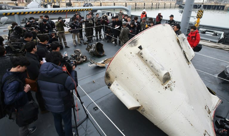 Objects believed to be debris from a North Korean rocket are displayed on a South Korean navy ship at the Second Fleet Command of Navy in Pyeongtaek on February 11, 2016