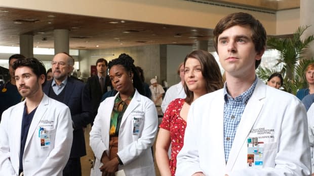 Noah Galvin as Dr. Asher Wolke, Bria Henderson as Dr. Jordan Allen, Paige Spara as Lea Dilallo, and Freddie Highmore as Dr. Shaun Murphy in "The Good Doctor"<p>Jeff Weddell/ABC</p>