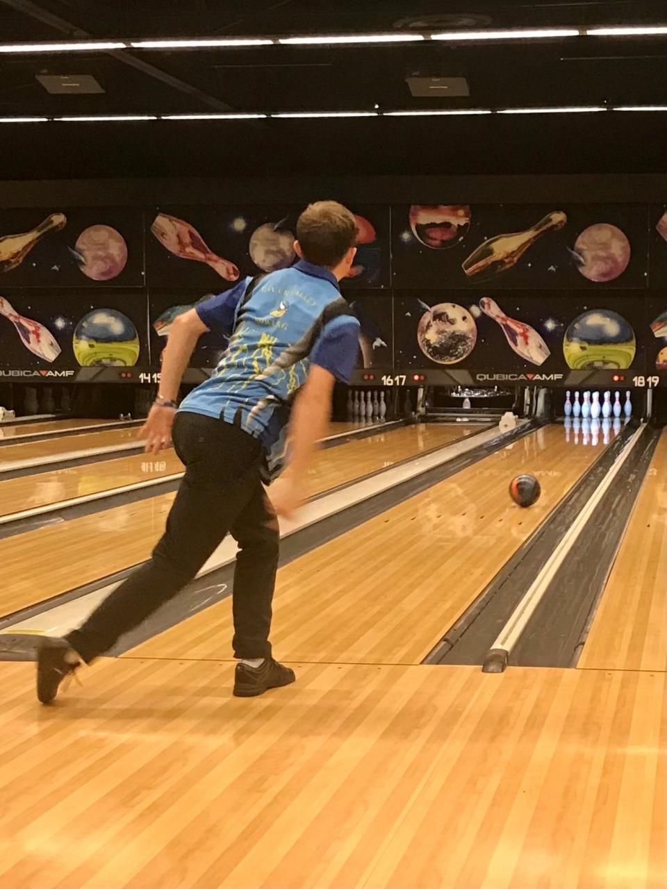 River Valley's Trace Kelly watches a shot during a match against Pleasant at BlueFusion last season.