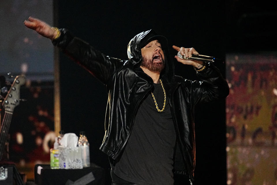 Eminem performs at the 37th Annual Rock & Roll Hall of Fame induction ceremony