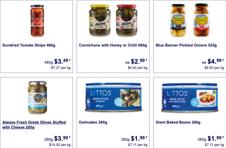 Antipasto foods selling as Special Buys at Aldi.