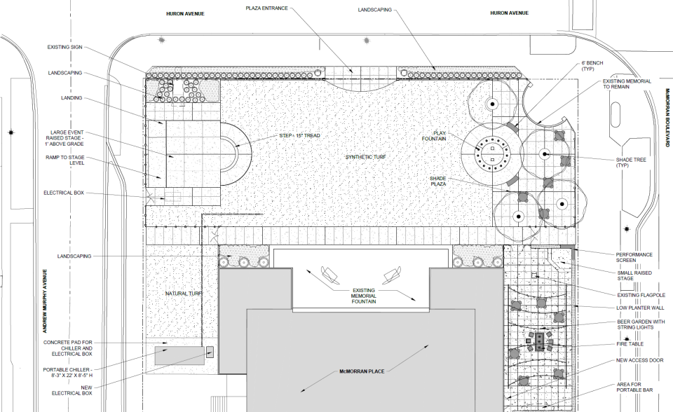 A new layout from PM Blough for the McMorran Place Plaza revamp on the complex's east-facing exterior. It includes new features but retains the existing memorial fountain.