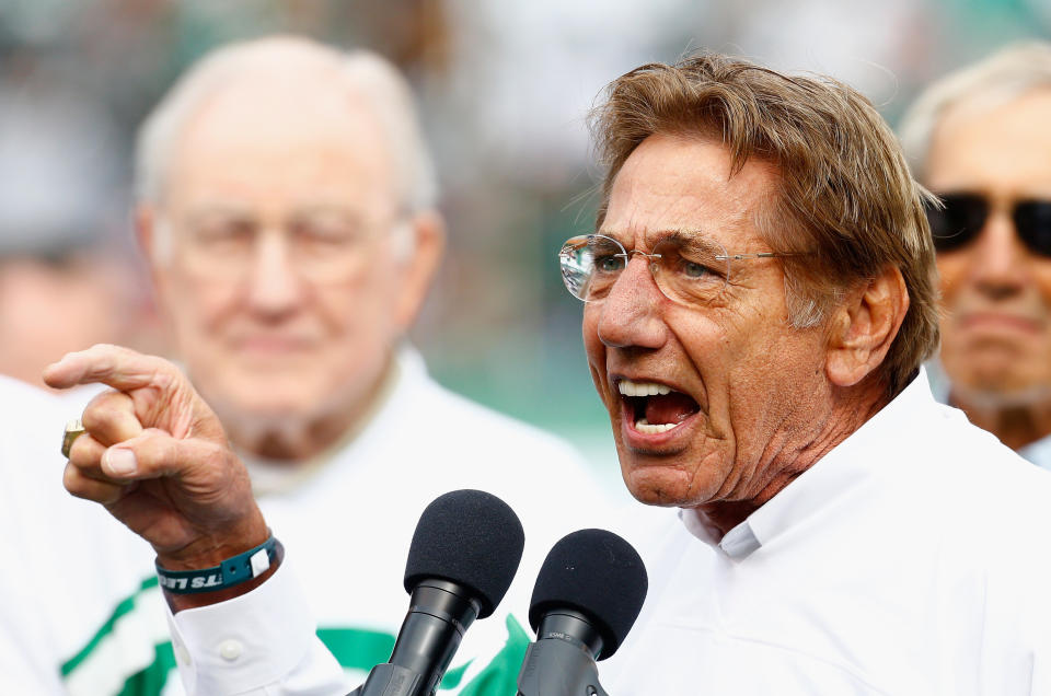 Joe Namath, seen here at a Super Bowl III celebration in 2018, has seen better days for the Jets. (Mike Stobe/Getty Images)