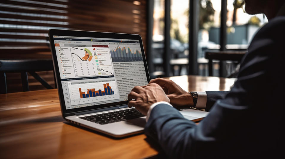 A businessperson on a laptop analyzing a chart of credit card loan data.