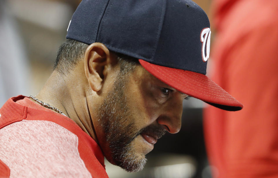 Washington Nationals manager Dave Martinez reacts in the dugout during the eighth inning of the team's 6-1 loss to the New York Mets in a baseball game Wednesday, May 22, 2019, in New York. (AP Photo/Kathy Willens)