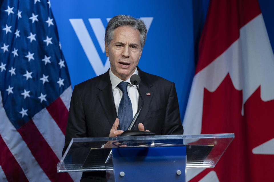 Secretary of State Antony Blinken together with Canadian Foreign Minister Melanie Joly, speaks about Hostage Diplomacy at the Wilson Center, in Washington, Tuesday, Feb. 13, 2024, in Washington. (AP Photo/Manuel Balce Ceneta)