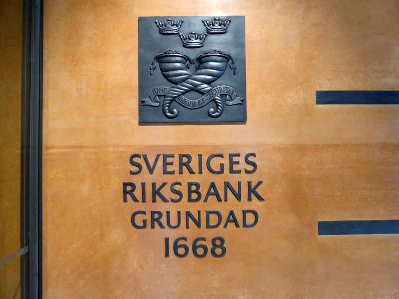 FILE PHOTO: The sign for Sweden's central bank is pictured in Stockholm