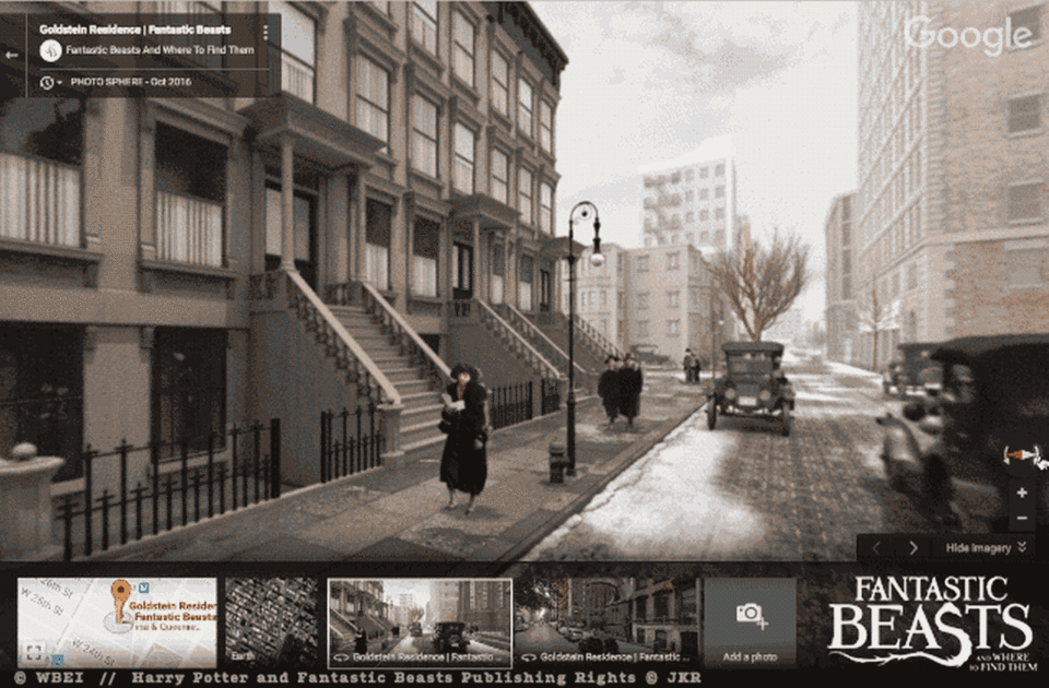 Explore locations from the film "Fantastic Beasts and Where to Find Them" using Google Street View. <cite>Google</cite>