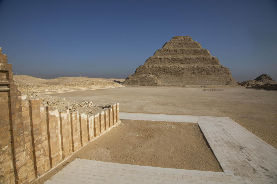 The famed Step Pyramid, is seen near the southern cemetery of King Djoser, after its restoration, in Saqqara, south of Cairo, Egypt, Tuesday, Sept. 14, 2021. (AP Photo/Nariman El-Mofty)