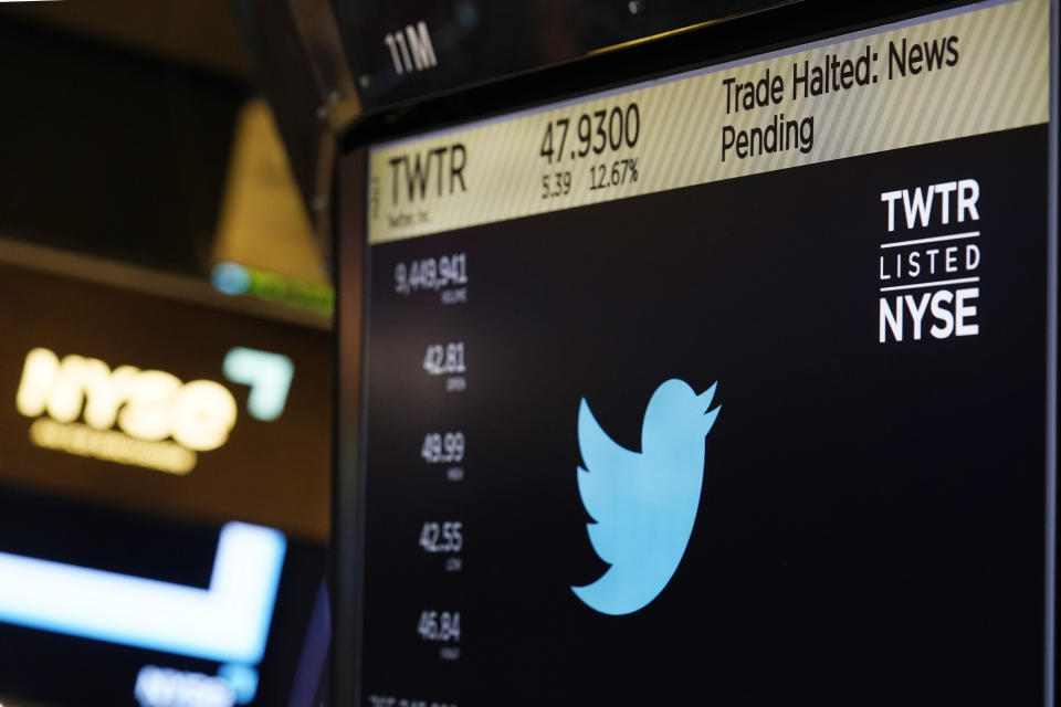 FILE - The symbol for Twitter appears above a trading post on the floor of the New York Stock Exchange, Tuesday, Oct. 4, 2022. The New York Stock Exchange began the process Friday, Oct. 28, to delist Twitter. That means everyday investors will no longer be able to buy and sell stock in the company and Twitter would no longer be required to publicly reveal details of its quarterly or annual financial performance with U.S. regulators. (AP Photo/Seth Wenig, File)