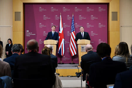 U.S. Secretary of State Mike Pompeo and Britain's Foreign Secretary Jeremy Hunt attend a joint news conference at the Foreign Office in central London, Britain May 8, 2019. Mandel Ngan/Pool via REUTERS