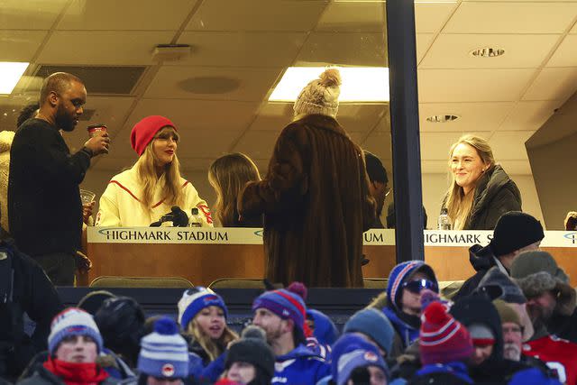 <p>Andrew Mather/Kansas City Chiefs via AP</p> Taylor Swift and Kylie Kelce in the suite during a game between the Buffalo Bills and the Kansas City Chiefs in January 2024