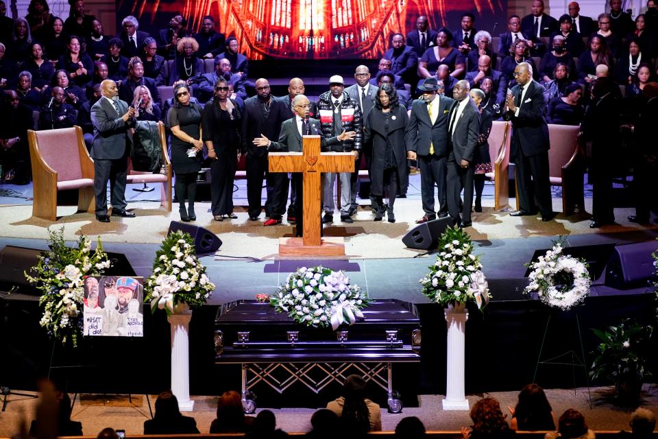 Rev. Al Sharpton introduces the family of Tyre Nichols during his funeral service at Mississippi Boulevard Christian Church in Memphis, Tenn., on Wednesday, Feb. 1, 2023.