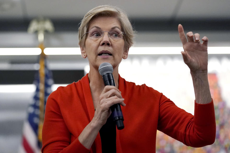 Sen. Elizabeth Warren, D-Mass., at a town hall meeting.