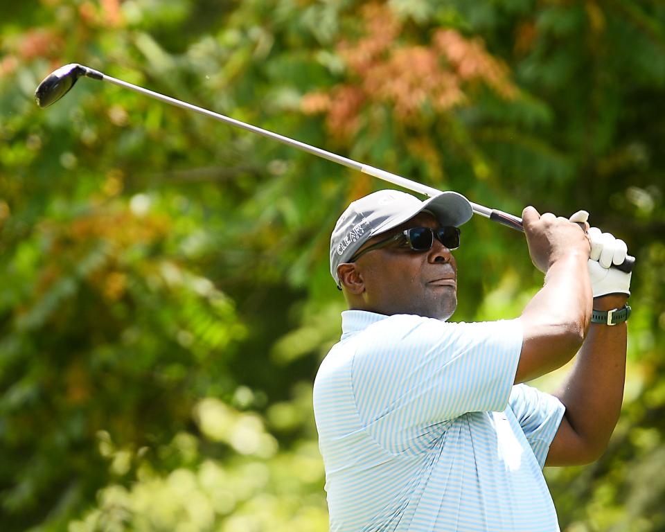 Golfers at the BMW Charity Pro-Am hit Spartanburg's Carolina Country Club on June 9, 2022. Here, Sterling Sharpe (NFL/USC) starts his day at Tee No. 1. 