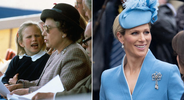 L: Zara Tindall with the late Queen at the Royal Windsor Horse Show in 1987. R: Zara at the King&#39;s coronation in May 2023. (Getty Images)