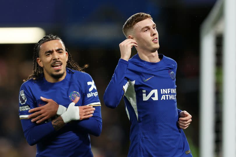 Chelsea players Malo Gusto and Cole Palmer celebrate for Chelsea