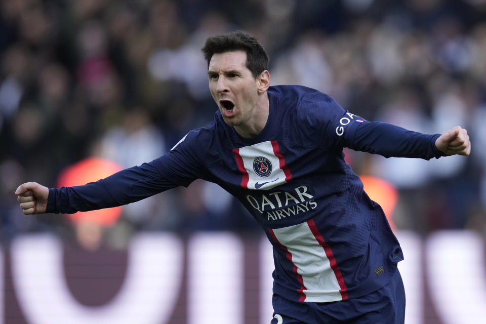 PSG&#39;s Lionel Messi celebrates after scoring his side&#39;s fourth goal during the French League One soccer match between Paris Saint-Germain and Lille at the Parc des Princes stadium, in Paris, France, Sunday, Feb. 19, 2023. (AP Photo/Christophe Ena)