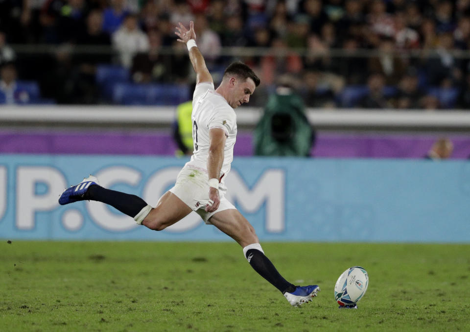 England's George Ford kicks penalty goal during the Rugby World Cup semifinal at International Yokohama Stadium between New Zealand and England in Yokohama, Japan, Saturday, Oct. 26, 2019. (AP Photo/Mark Baker)