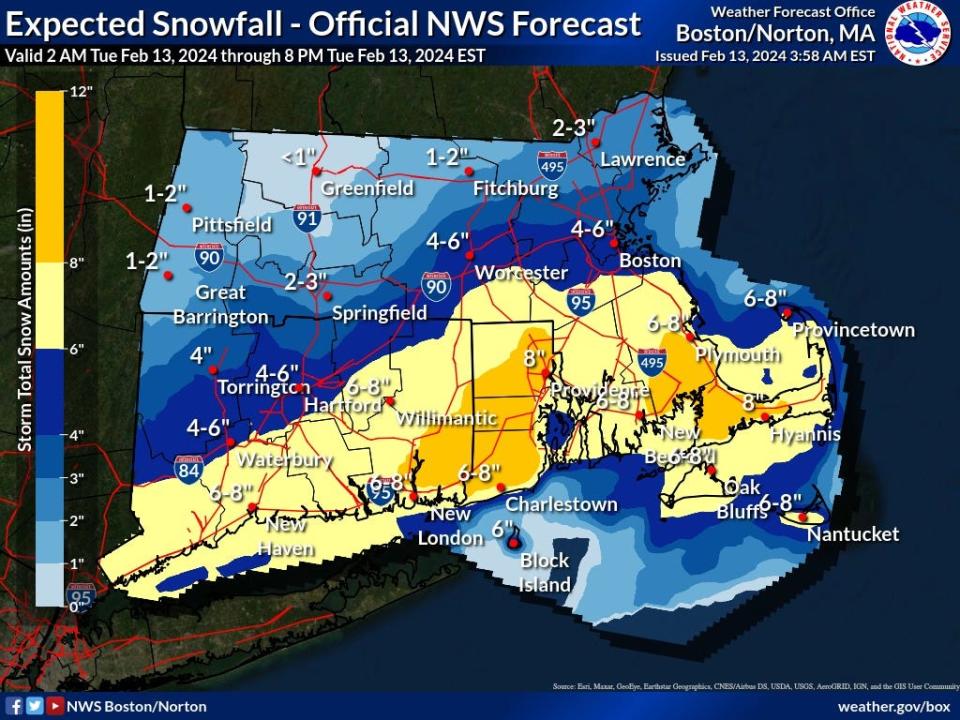A look at possible snow totals around southern New England from Tuesday's storm.