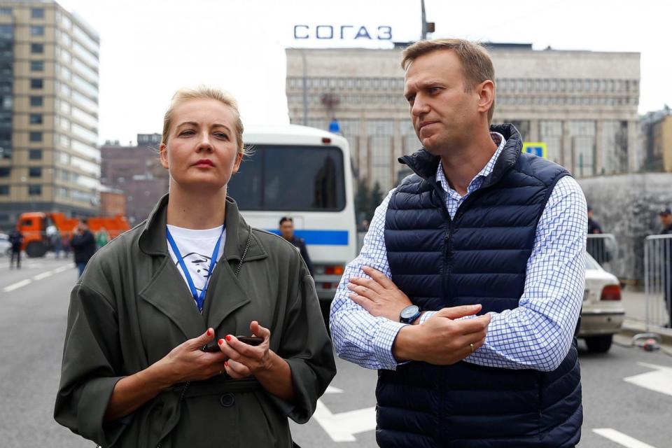 PHOTO: In this April 30, 2018, file photo, Russian opposition leader Alexei Navalny and wife Yulia attend a rally for internet freedom in Moscow. (Anadolu Agency via Getty Images, FILE)