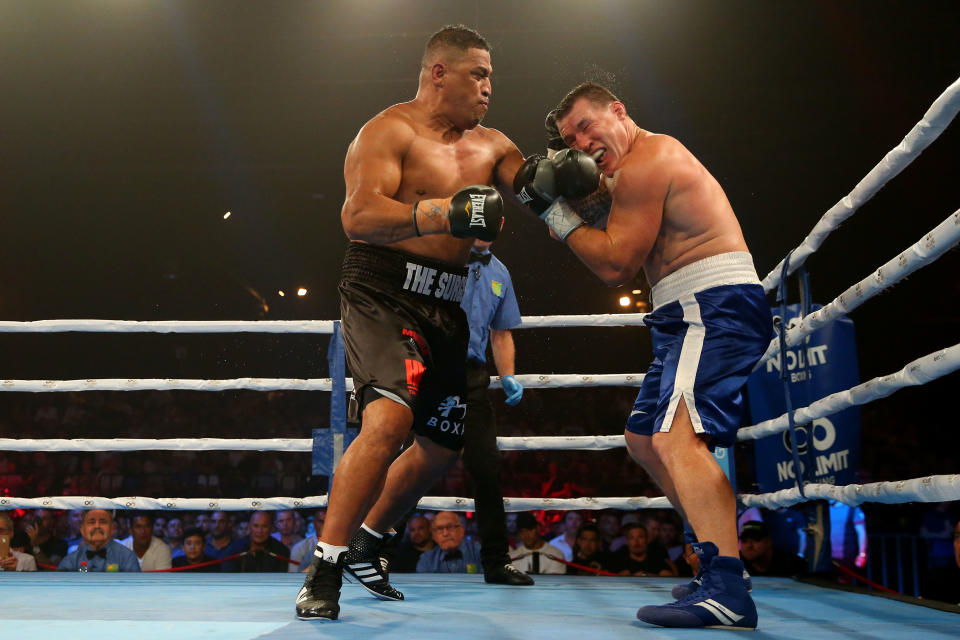 John Hopoate punches Paul Gallen during the Star of the Ring III Charity Fight Night at Hordern Pavilion on February 08, 2019 in Sydney, Australia. (Photo by Jason McCawley/Getty Images)
