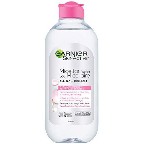 <p><strong>Garnier</strong></p><p>amazon.com</p><p><strong>$3.98</strong></p><p>No need to have two separate cleansers for morning and night—this bottle will cut the work in half. Remove makeup with it after a long day and swipe it across your face in the a.m. During every use, <strong>unique micelles act like magnets, lifting up dirt, makeup, and oil,</strong> leaving the skin clean without stripping it dry.<br></p>