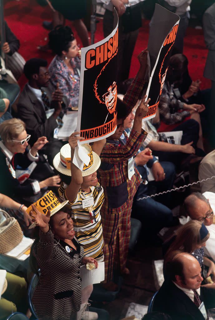 <p>Chisholm for President supporters cheered for the Congresswoman at the 1972 Democratic National Convention. </p>