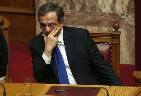 Greek Prime Minister Antonis Samaras is seen during the first of three rounds of a presidential vote at the Greek parliament in Athens December 17, 2014 . REUTERS/Alkis Konstantinidis