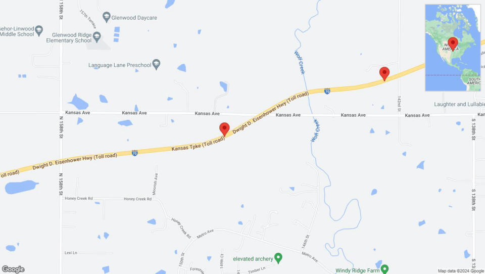 A detailed map that shows the affected road due to 'Incident on eastbound I-70 in Bonner Springs' on May 10th at 1:37 p.m.