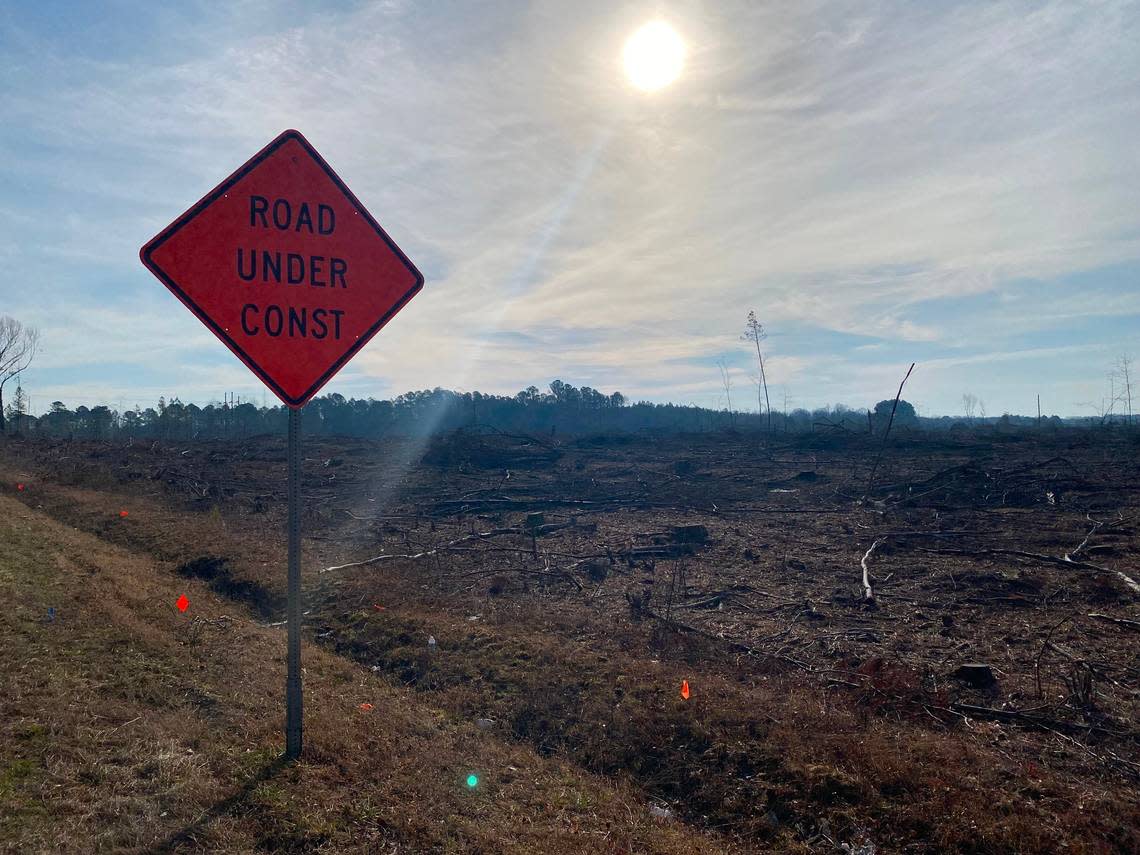 Road construction is underway near the future site of the VinFast assembly plant near Moncure, North Carolina.